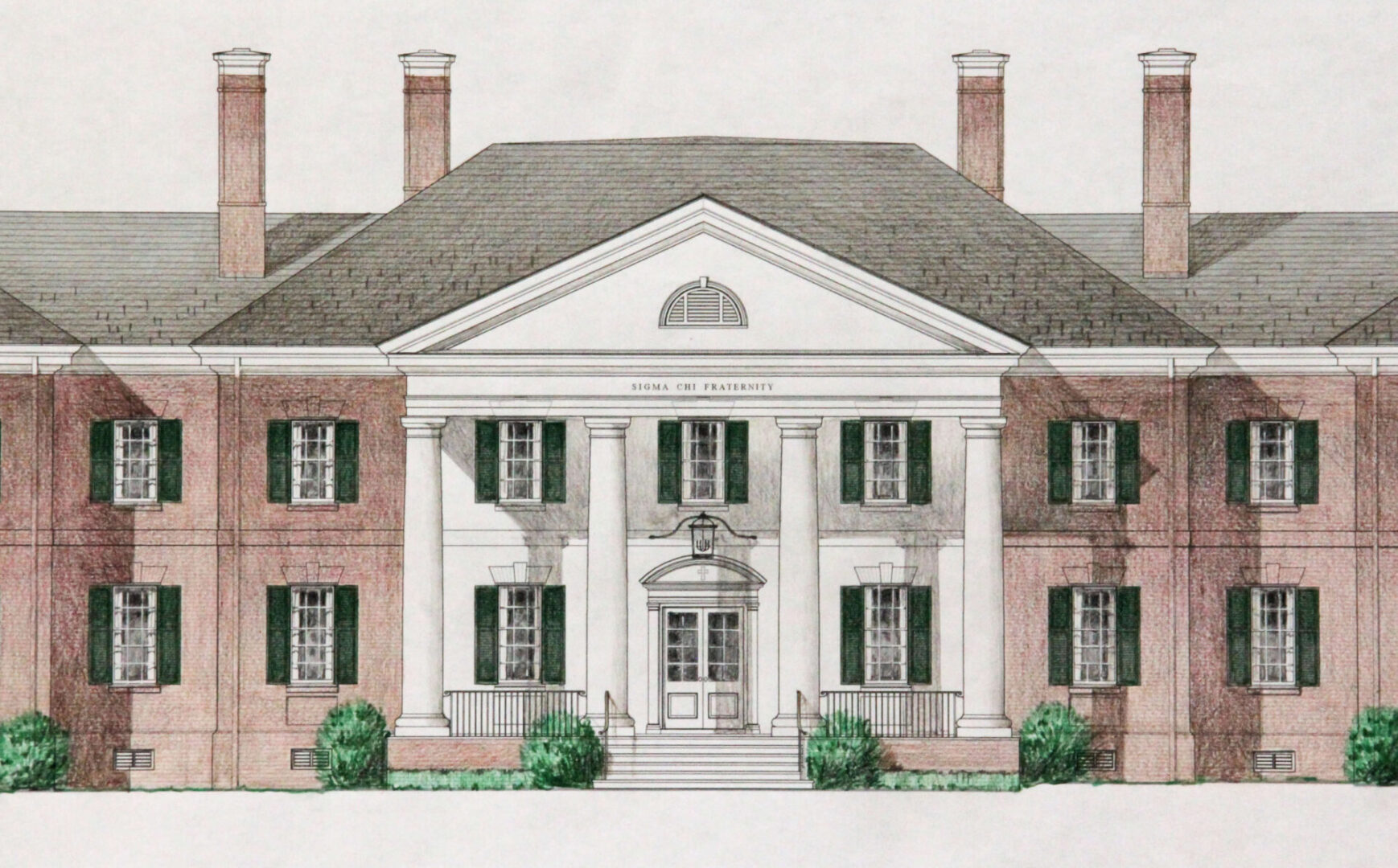 A drawing of the front of a large house.