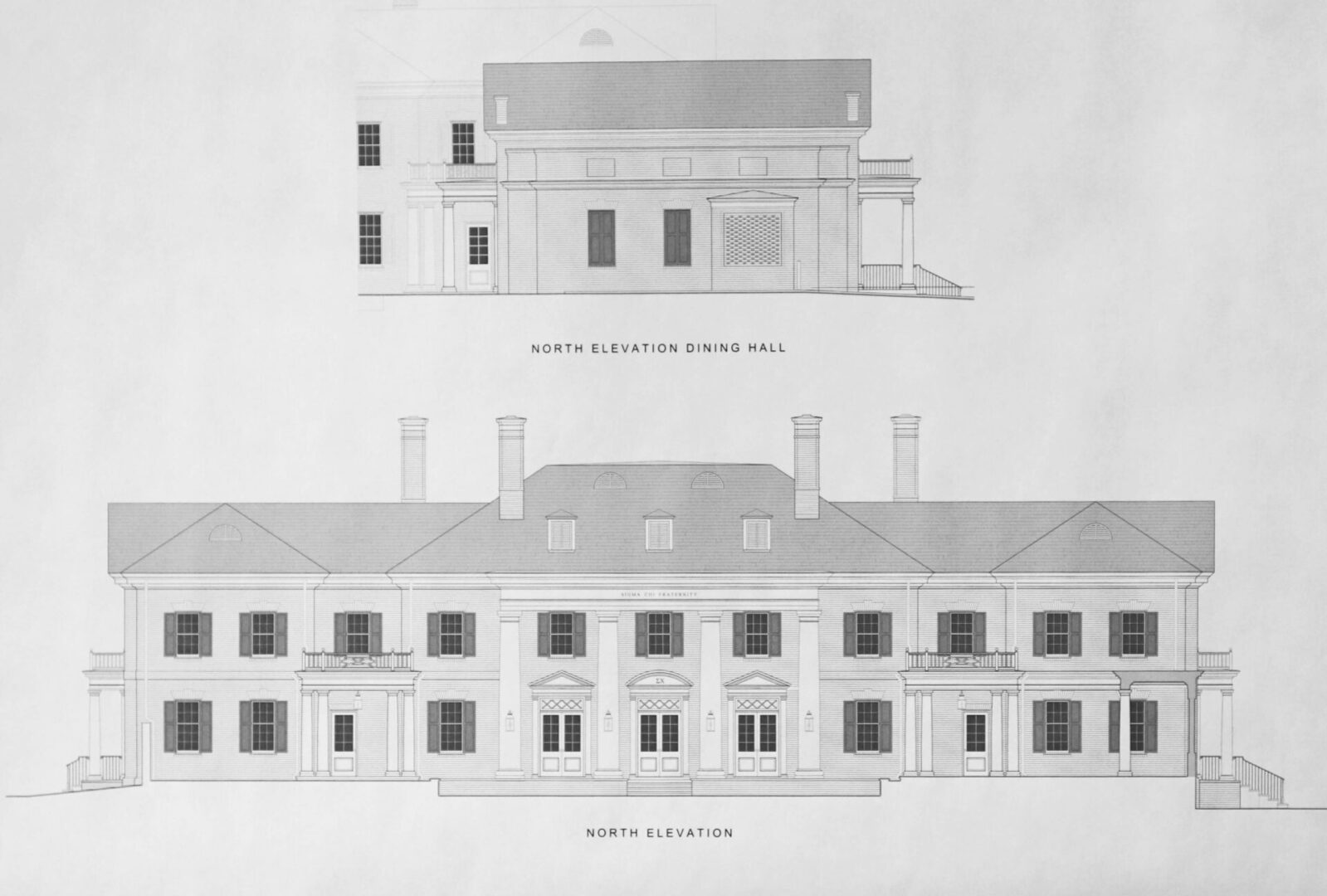 A drawing of two buildings with windows and doors.