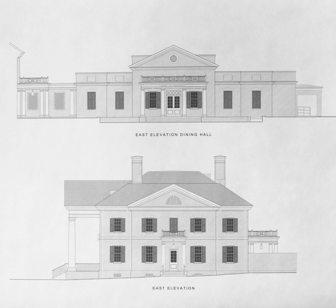 A drawing of two buildings with a building on the top and a building on the bottom.