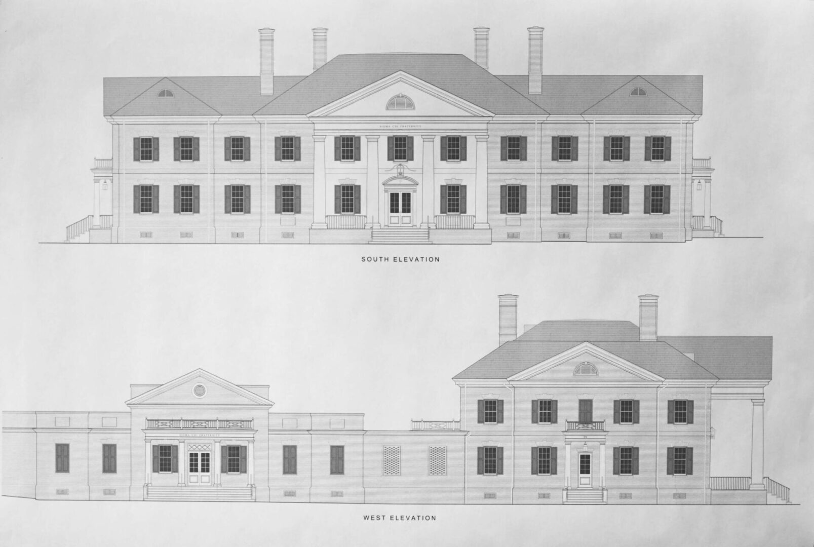 A drawing of two different buildings with one being the front and the back.