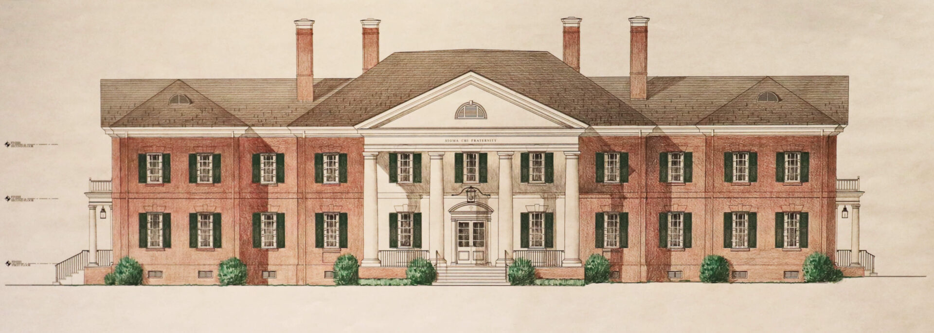 A drawing of the front of a large brick house.