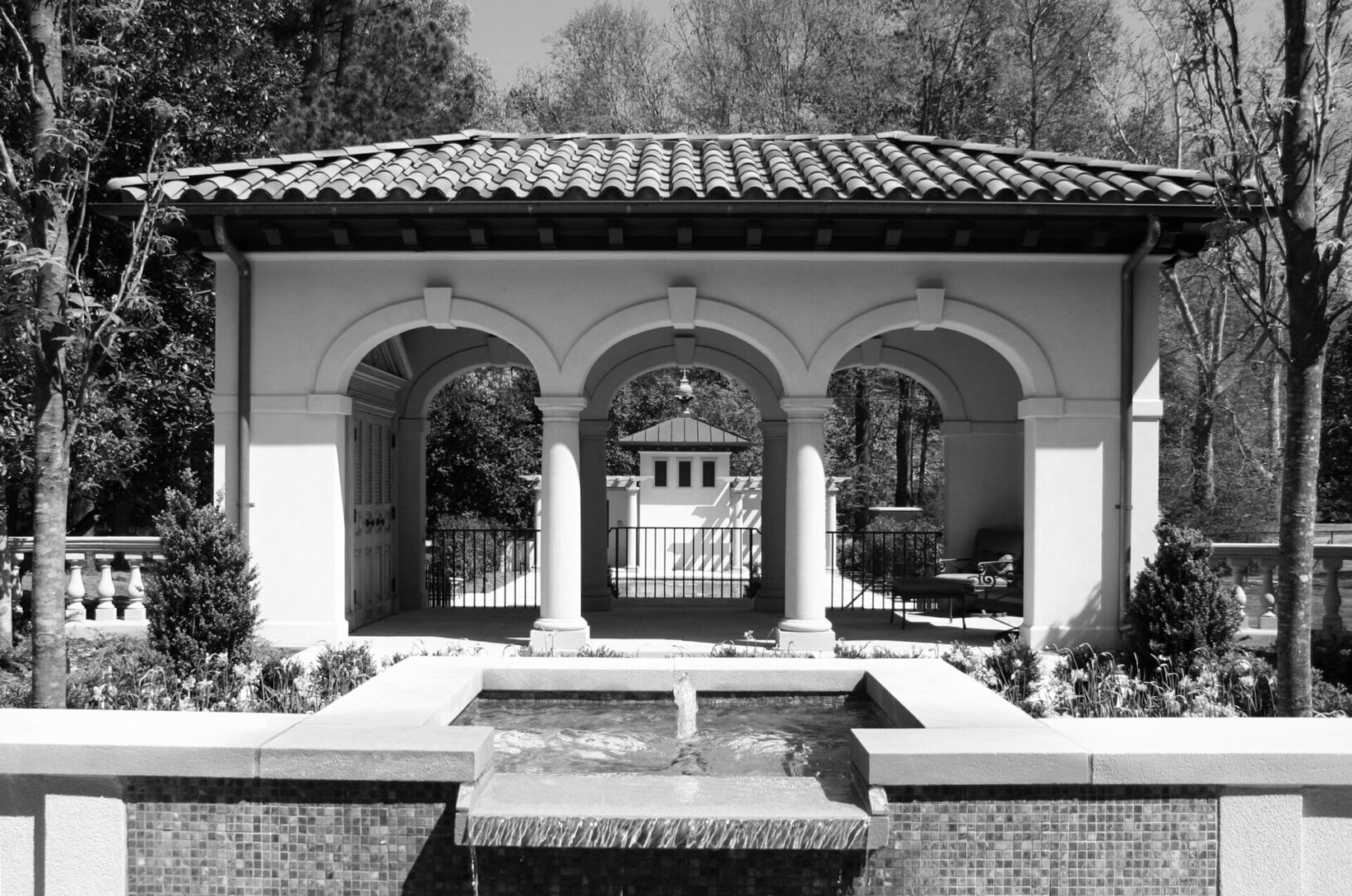 A black and white photo of an outdoor area.