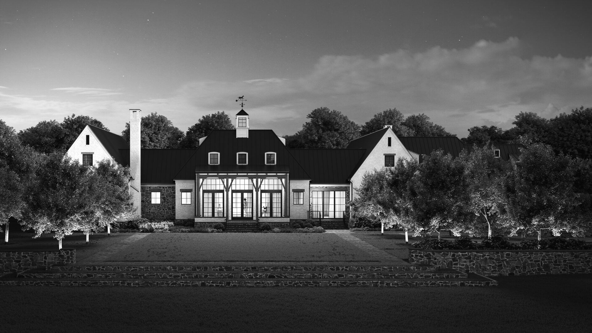 A black and white photo of a house with trees in the background.