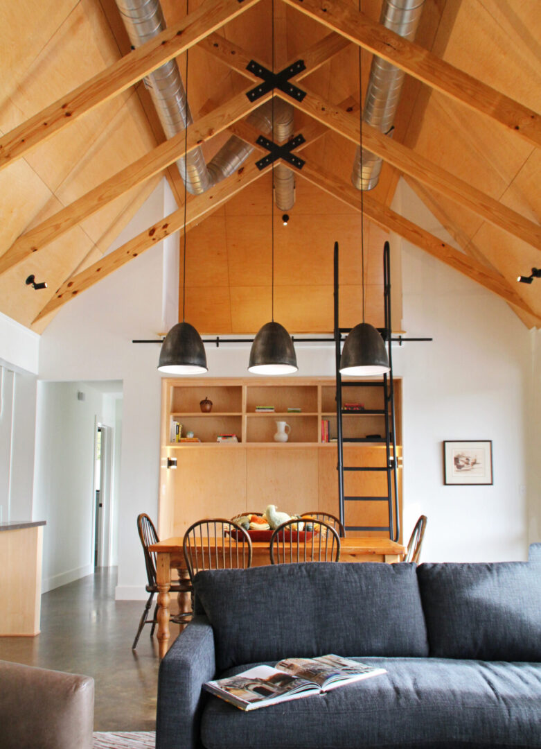 A living room with a ladder to the ceiling