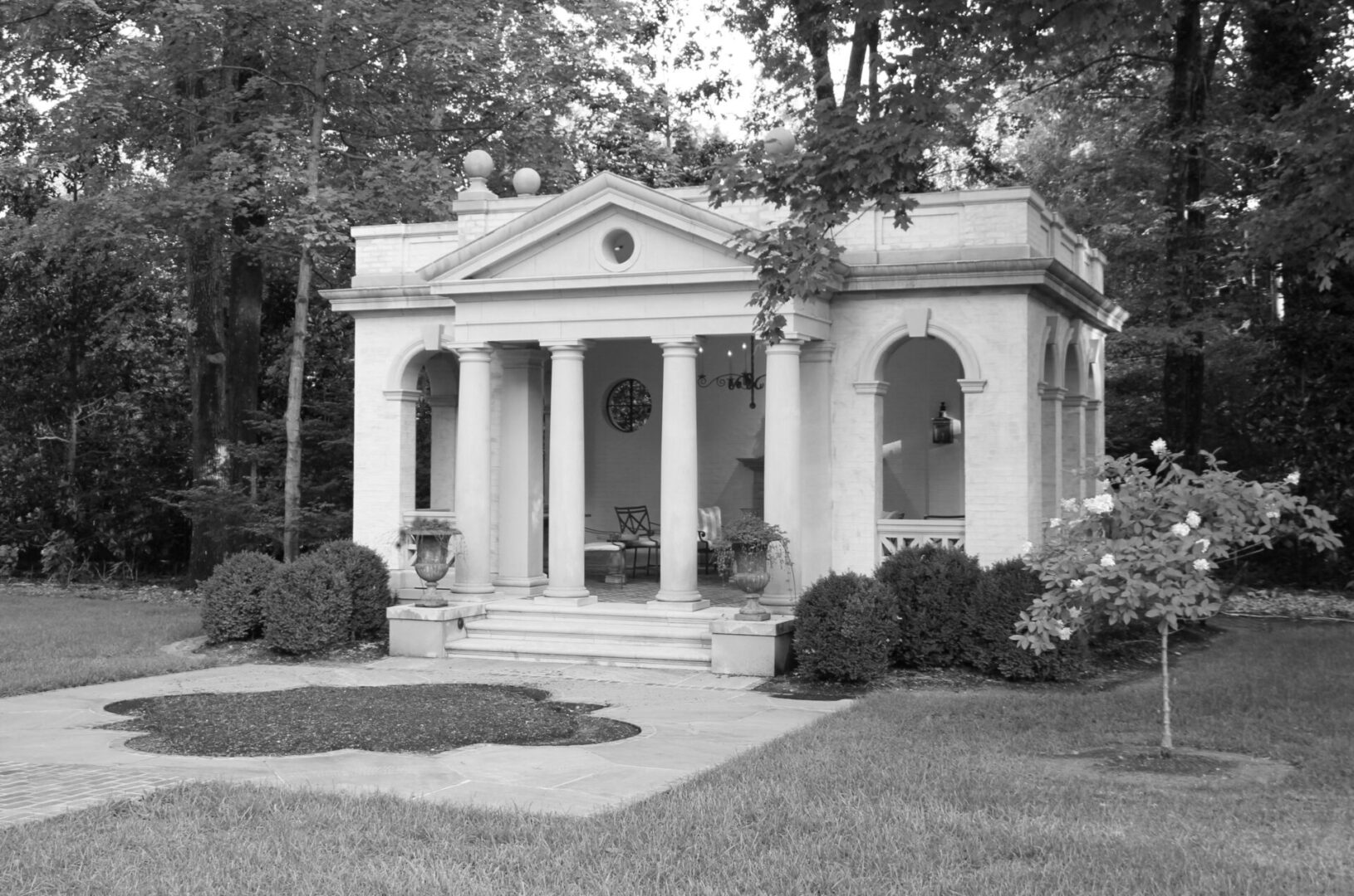 A black and white photo of an old building.