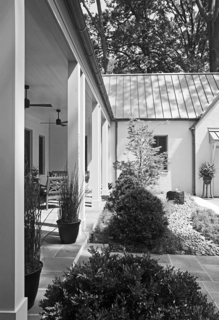 A black and white photo of a patio with plants.