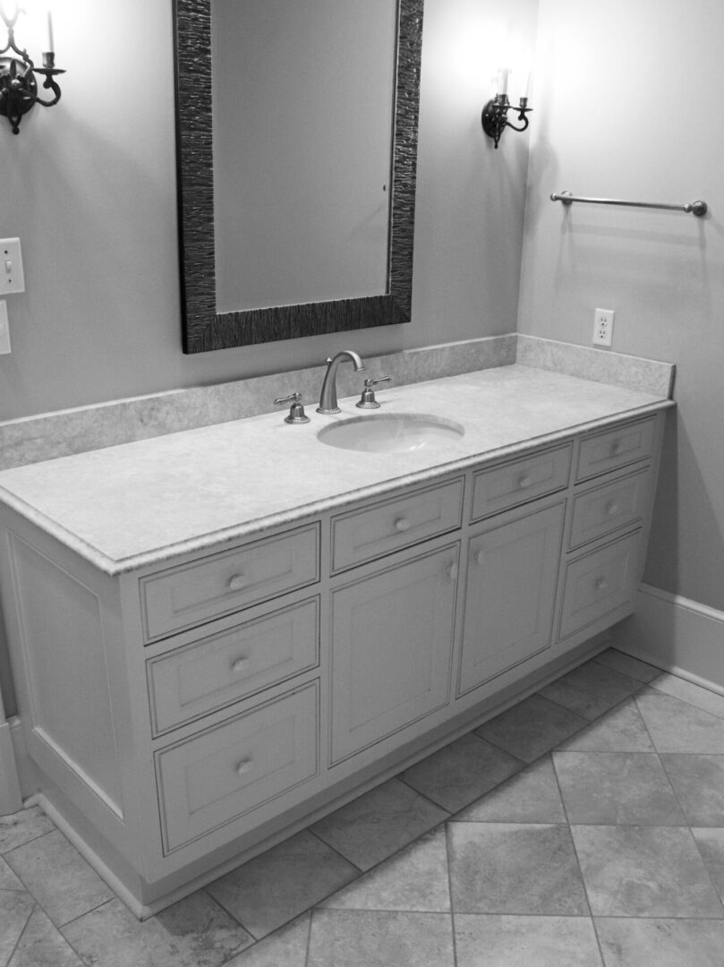 A bathroom with a sink and mirror in it