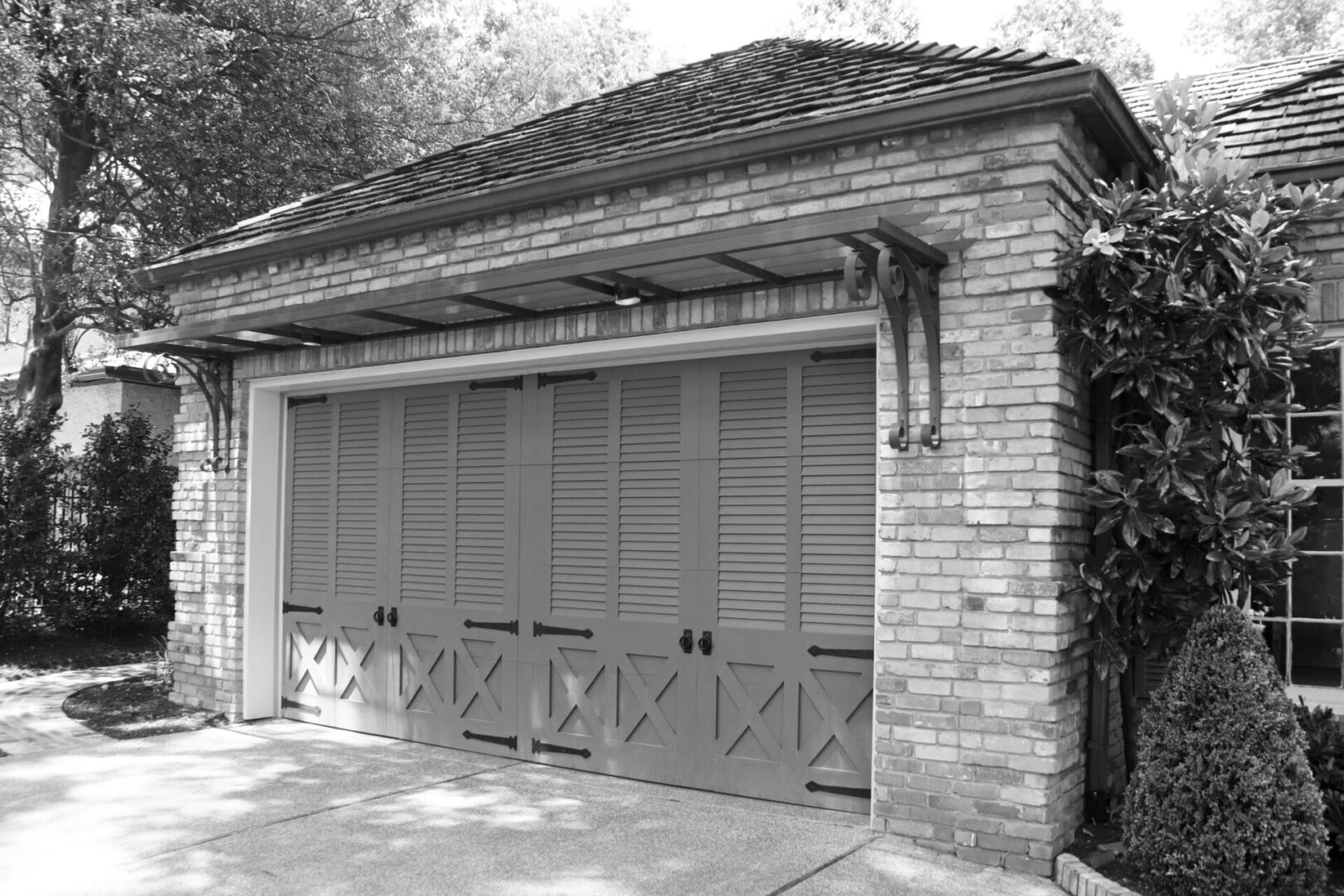 A black and white photo of an old garage at French Provincial.