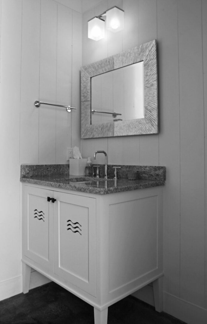 A bathroom with a sink and mirror in it