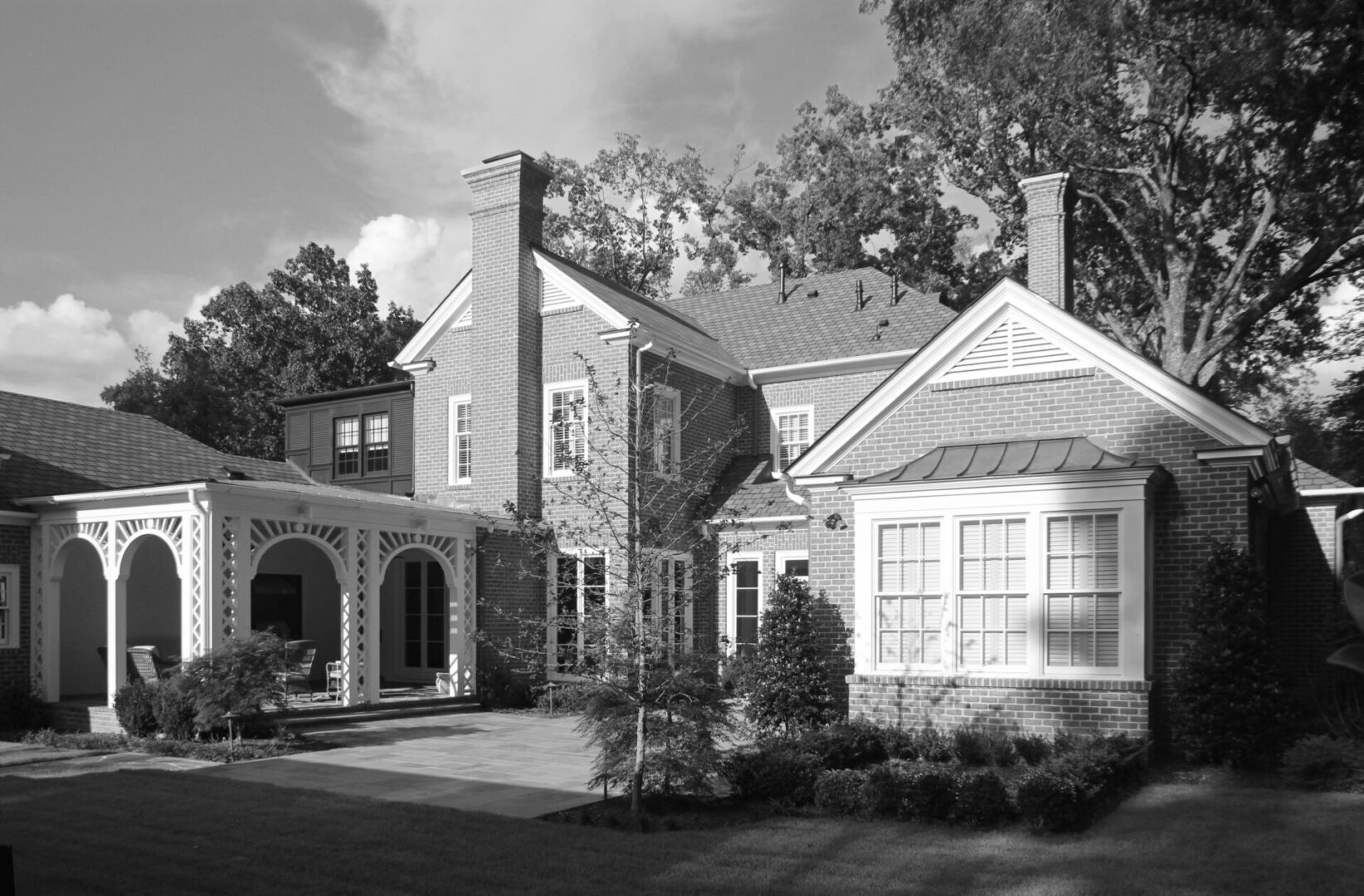 A black and white photo of a house