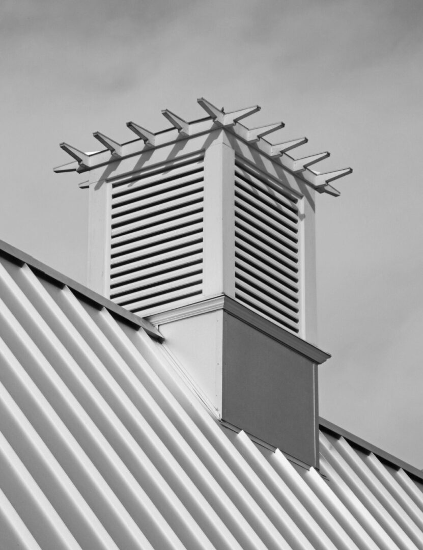 A black and white photo of a building 's roof