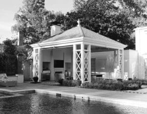 A black and white photo of an outdoor pavilion.