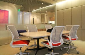 A conference room with six chairs and a table.