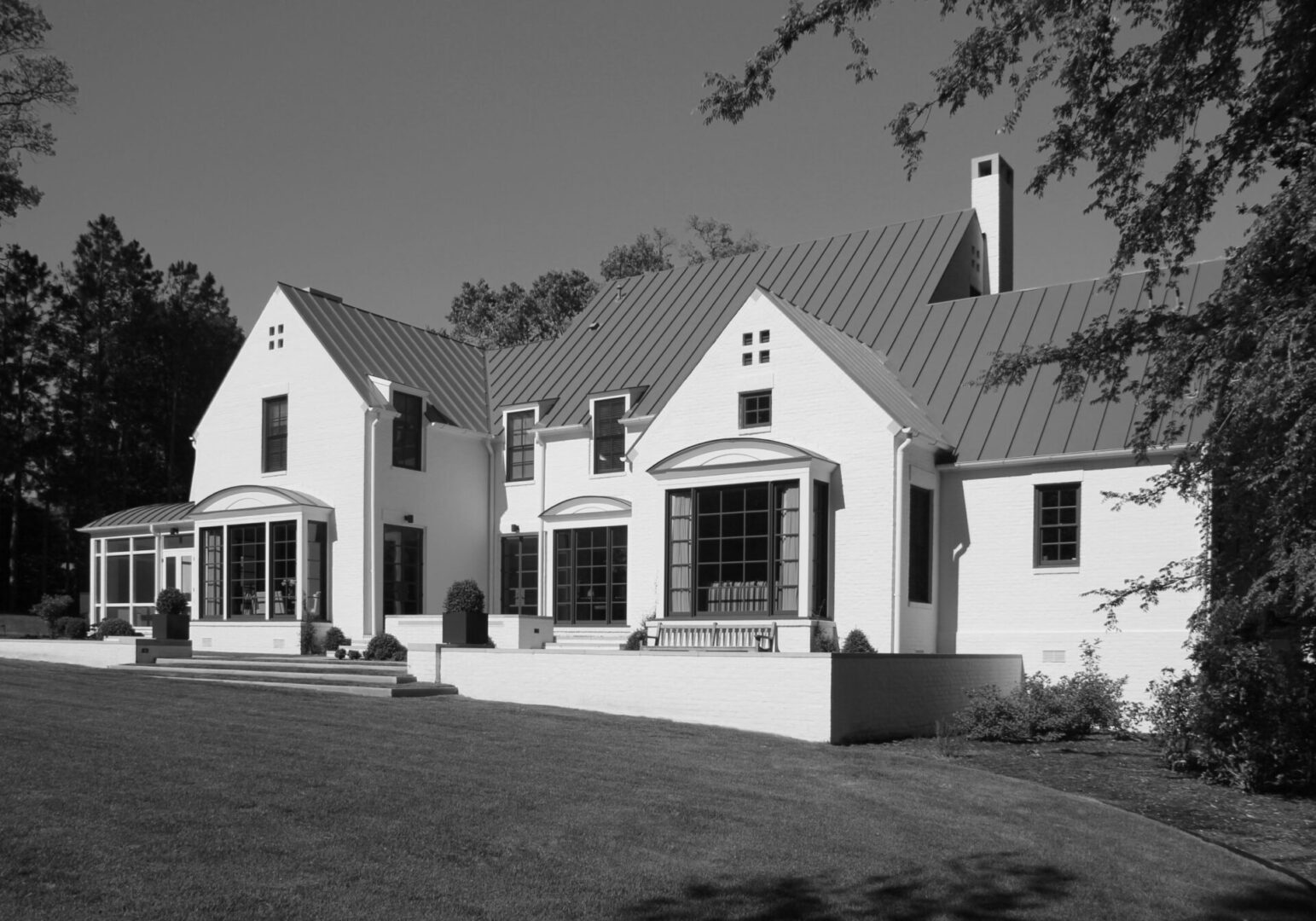 A black and white photo of a house