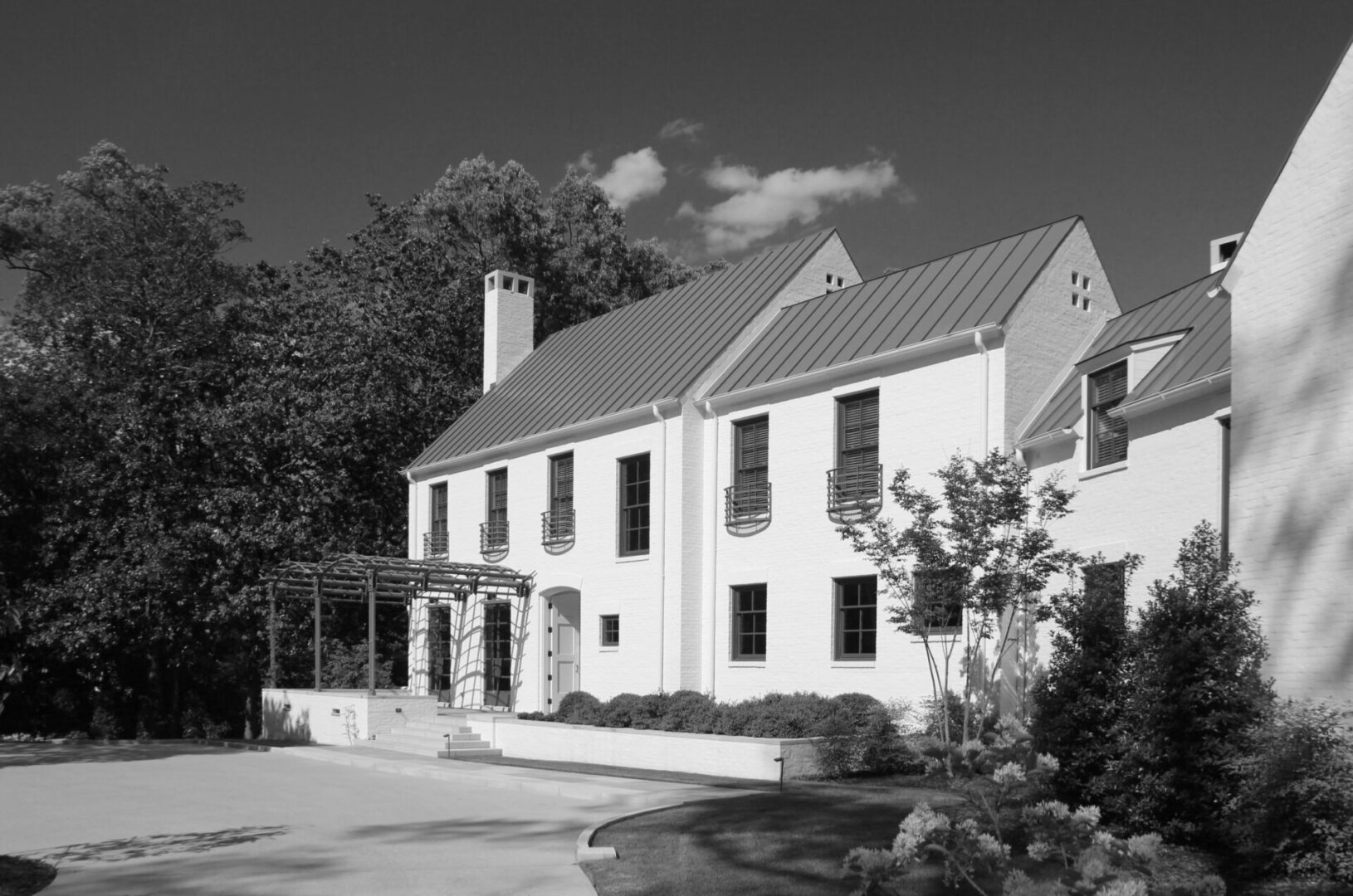 A black and white photo of a house