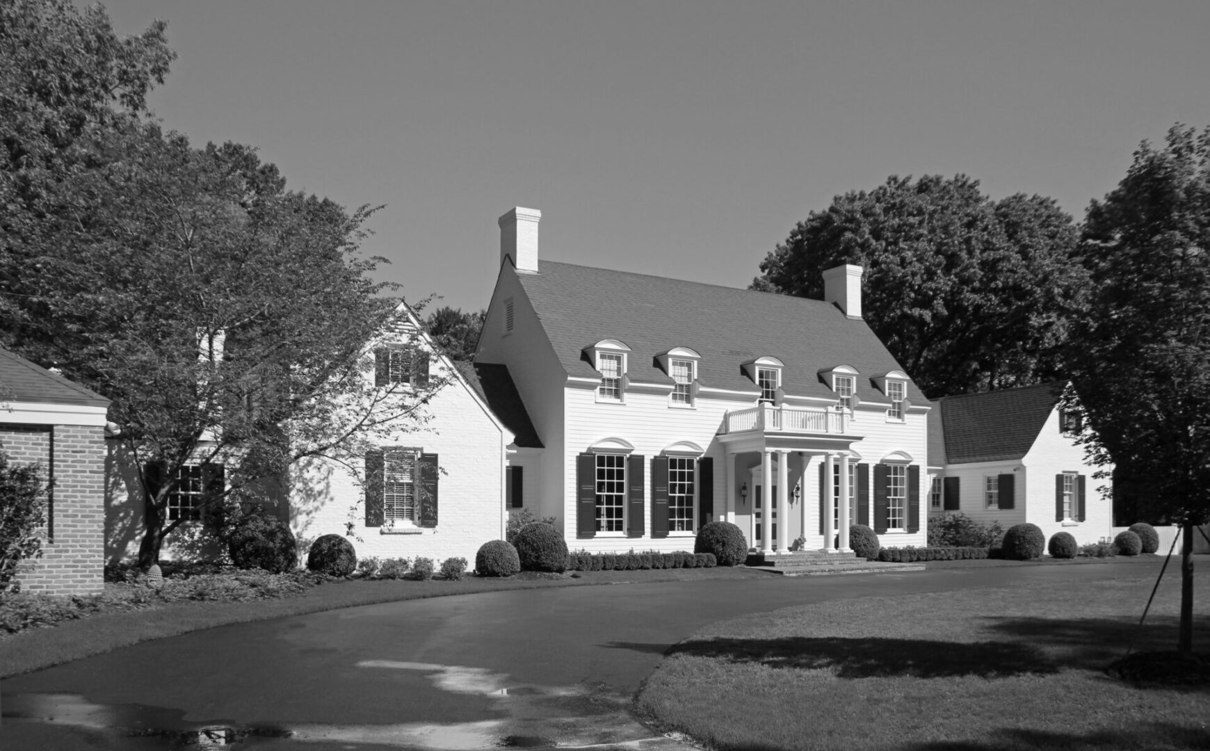 A black and white photo of a house